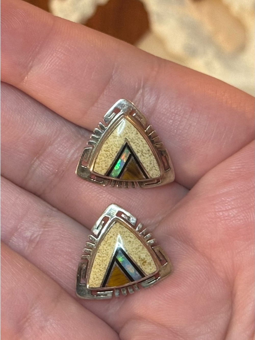 Native American Sterling VTG Inlay Earrings - Picture 14 of 16